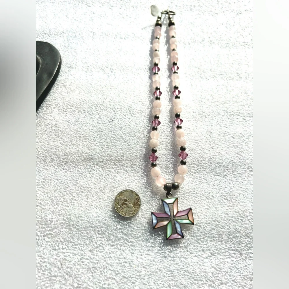 Vintage Handmade Crystal Natural Stone Mother of Pearl Pearlized Cross Necklace